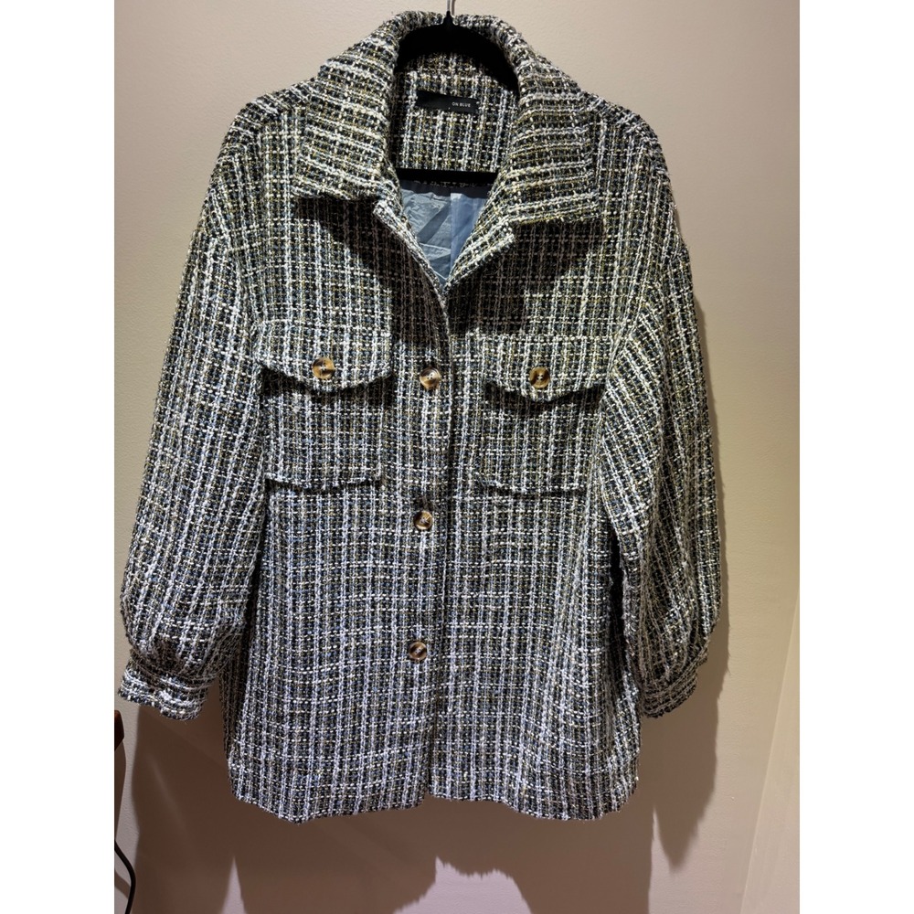 On Blue Women Multicolor Tweed Button Up Shirt Jacket Shacket Gold Black White